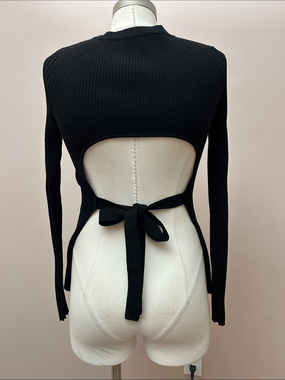 Live The Process Black Ribbed Long-Sleeve Dress with Waist Wrap